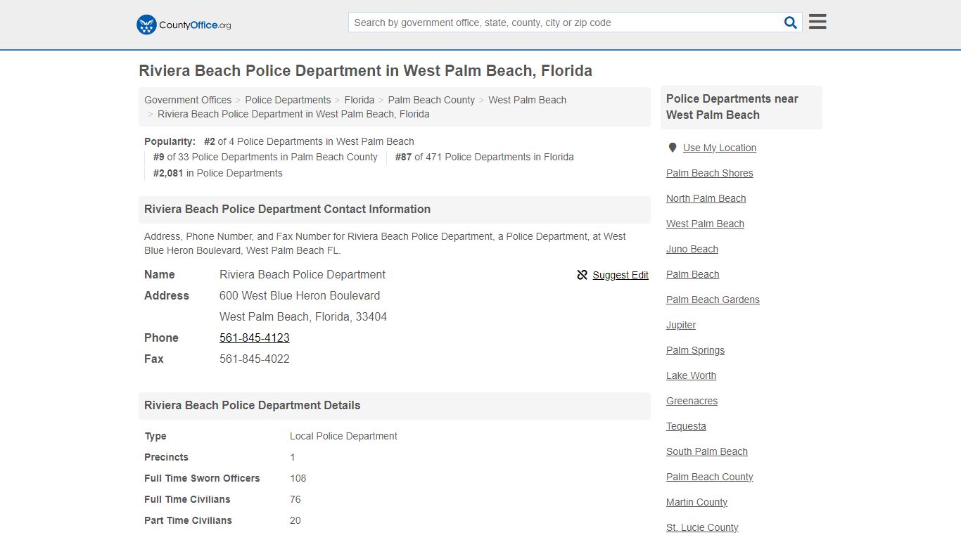 Riviera Beach Police Department in West Palm Beach, Florida - County Office